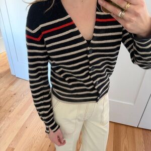 Rag & Bone Navy and Beige Striped Cotton and Cashmere Cardigan with Red Accent